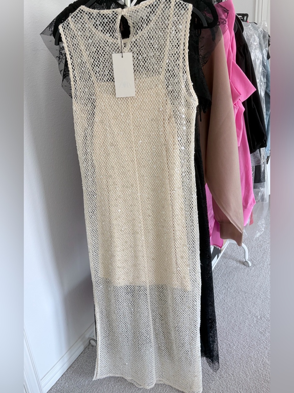 Zara Crochet Sequin Midi Dress Beige Large - Picture 10 of 16